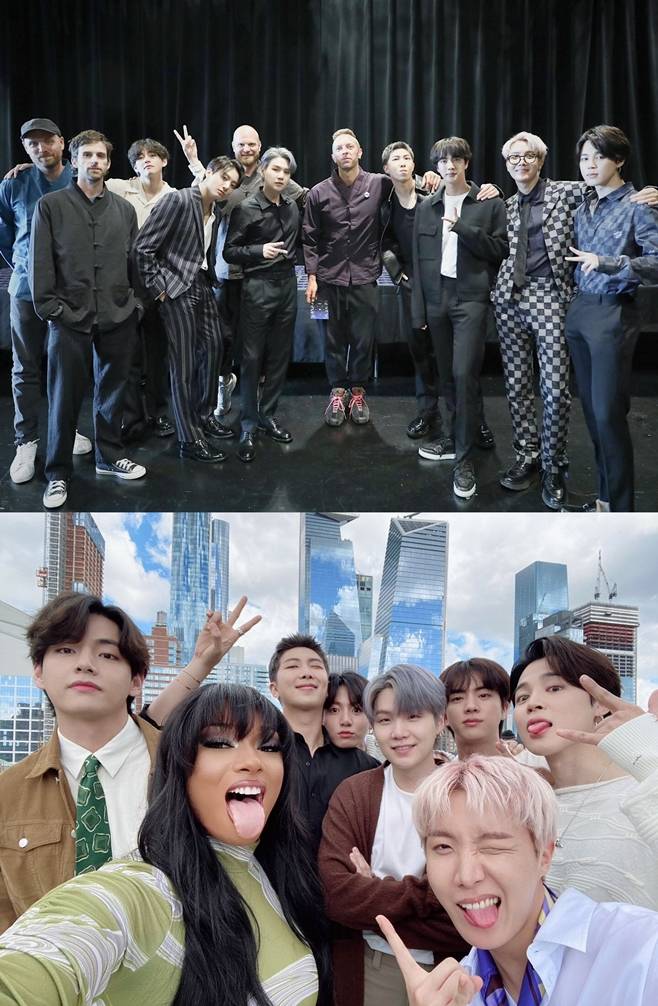 그룹 방탄소년단(BTS)과 콜드플레이(위), 메간 디 스텔리온(아래)