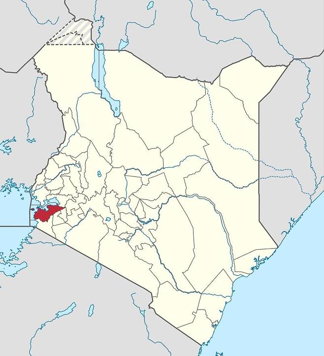 케냐 서부 호마 베이 카운티가 표시된 지도[구글 이미지, 재판매 및 DB 금지]