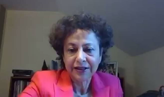 아이린 칸 유엔 의사·표현의 자유 특별보고관이 24일 화상 기자간담회에서 "언론중재법 개정안은 언론의 자유를 위축시킬 수 있다"며 우려를 표하고 있다. /화상 캡처