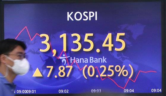코스피가 24일 상승세로 출발했다.   지수는 전장보다 13.15포인트(0.42%) 오른 3,140.73에서 출발해 강세 흐름을 보이고 있다.   사진은 이날 오전 서울 중구 하나은행 본점 딜링룸. 연합뉴스