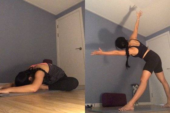 실제로 온라인 요가 수업을 받는 모습이다. 왼쪽은 골반을 열어주는 동작인 나비 자세, 오른쪽은 척추와 골반을 유연하게 하는 삼각 자세다. 인양 요가는 파워가 필요한 동작과 완전히 힘을 빼는 동작이 혼합돼 있다. 집에서 수업을 듣지만 분위기를 바꾸기 위해서 수업 전에 인센스 스틱이나 스머징 스틱으로 피워 방의 공기를 바꿔 놓으면 집중이 잘 된다. [사진 김은비]