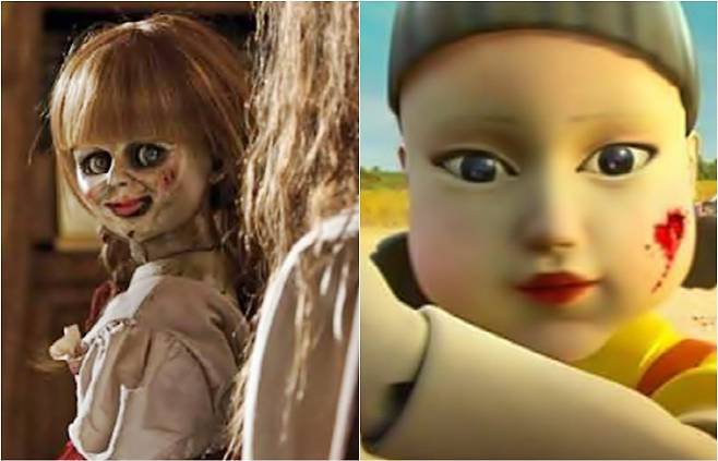 애나벨(왼쪽)과 술래 인형 모습 [사진 = 영화 애나벨과 오징어 게임 캡처]