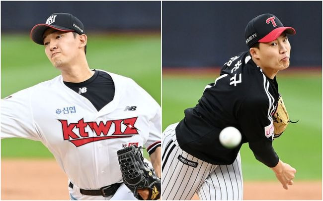 [OSEN=수원, 민경훈 기자] 25일 오후 경기도 수원시 수원kt위즈파크에서 ‘2021 신한은행 SOL KBO 리그’ KT 위즈와 LG 트윈스의 경기가 열렸다. KT 선발 고영표(왼쪽)와 LG 선발 임찬규가 마운드 위에서 힘차게 공을 뿌리고 있다. 21.09.25/rumi@osen.co.kr