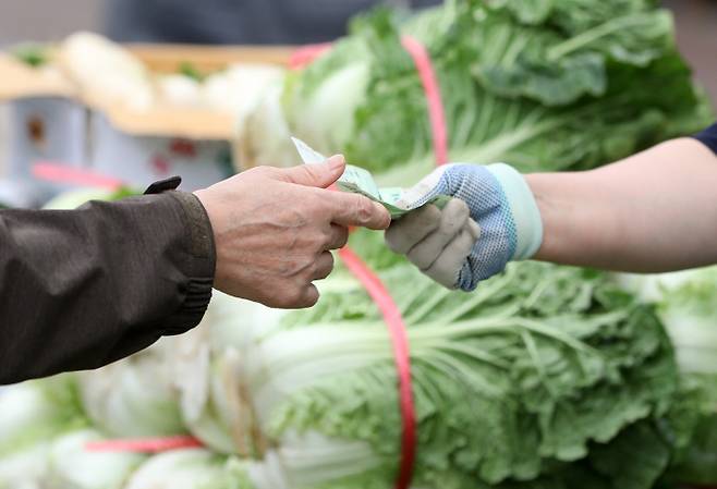 지난 17일 오전 강원 춘천시 풍물시장에서 한 시민이 배추를 구매한 뒤 상인에게 현금을 건네고 있다. [사진 출처 = 연합뉴스]