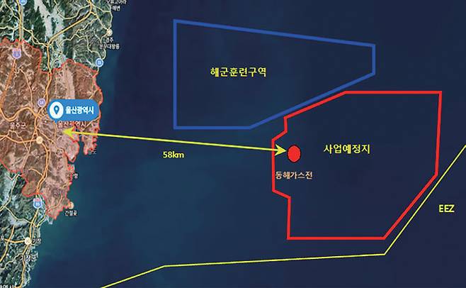 2030년까지 원자력발전소 6기와 맞먹는 규모(6GW)의 세계 최대 부유식 해상풍력발전단지가 조성될 울산 앞바다. 붉은색으로 표시된 구역에 해외 민간투자 컨소시엄 5개사가 부유식 해상풍력발전단지를 조성할 계획이다.ⓒ울산시 제공