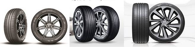 왼쪽부터 금호타이어 전기차 타이어 와트론 VS31, 넥센타이어 전기차 타이어 로디안 GTX EV와 엔페라 스포츠 EV, 한국타이어 전기차 타이어 키너지 AS EV1. (사진= 각 사)