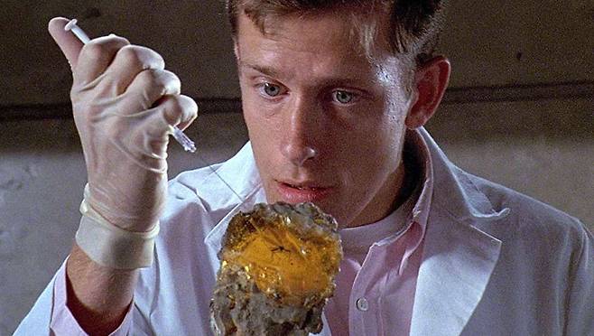 영화 '쥬라기공원'에서 호박 속에 갇힌 모기 화석에서 공룡의 피를 추출하는 모습./Universal