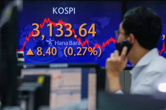 코스피가 외국인과 기관의 순매수세에 힘입어 3130선을 회복한 27일 서울 중구 하나은행 딜링룸 전광판에 코스피 지수가 8.40포인트(0.27%) 오른 3133.64를 나타내고 있다. 코스닥 지수는 2.21p(0.21%) 하락한 1034.82로 마감했다. 서울외환시장에서 달러/원 환율은 0.3원 오른 1176.8원으로 마감했다. / 사진=뉴스1
