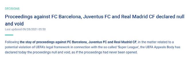 유럽축구연맹(UEFA)가 ESL 창설을 추진했던 바르셀로나, 레알 마드리드. 유벤투스에 대한 징계 및 소송을 포기하기로 했다. 사진=UEFA 공식홈페이지
