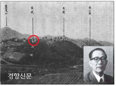 1933년 가루베가 일본 <고고학잡지>(23-9호)에 게재한 공주 송산리고분군의 전경과 고분의 위치. 5호분과 6호분 사이의 봉분에 ‘현무’라고 표기해놓았다.가루베는 또다른 전돌무덤인 6호분을 무령왕릉이라고 단정했다.|국립부여문화재연구소 제공
