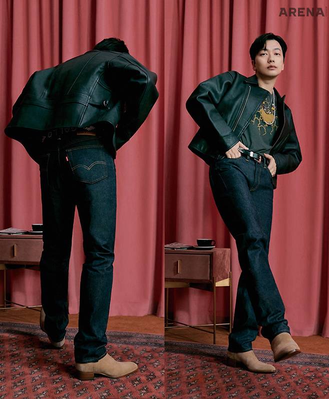 리바이스 빈티지 클로딩(Levi’sⓇ Vintage Clothing) 바이커 재킷·리바이스 빈티지 클로딩(Levi’sⓇ Vintage Clothing) 타임라인 1954 501Ⓡ 데님 팬츠·그래픽 티셔츠 모두 리바이스.