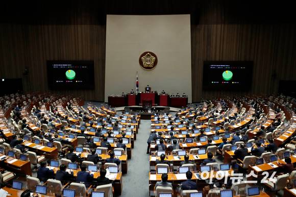 29일 서울 여의도 국회에서 진행된 본회의에서 언론·미디어 제도개선 특별위원회 구성 결의안이 가결되고 있다.