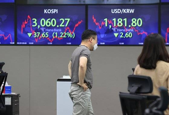 미국 증시 급락의 여파로 코스피가 전날보다 37.65포인트(1.22%) 내린 3,060.27에 마감한 29일 오후 서울 중구 하나은행 딜링룸에서 딜러들이 대화하고 있다. 연합뉴스.