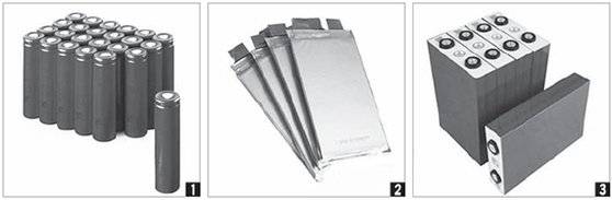 ① 원통형 배터리 ② 파우치형 배터리 ③ 각형 배터리. [사진 배터리전문사이트 플래시배터리]