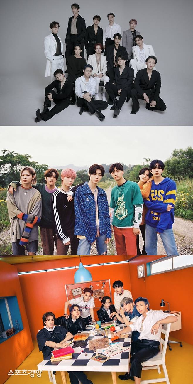 위로부터 세븐틴, 엔하이픈, 방탄소년단. 사진|플레디스엔터테인먼트·빌리프랩·빅히트 뮤직