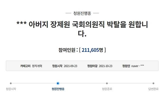 지난달 23일 청와대 국민청원 게시판에 공개된 장제원 의원의 국회의원직 박탈을 요구하는 청원에 21만여명이 동의한 것으로 나타났다. (청와대 국민청원게시판 갈무리)© 뉴스1