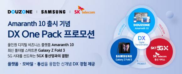 더존비즈온은 비즈니스 플랫폼·모바일·통신이 융합된 신개념 디지털 전환(DX) 패키지 ‘DX 원팩’을 출시하고, 올 연말까지 아마란스 텐 도입 고객사를 대상으로 삼성전자, SK텔레콤과 함께 프로모션을 진행한다. [사진=더존비즈온]
