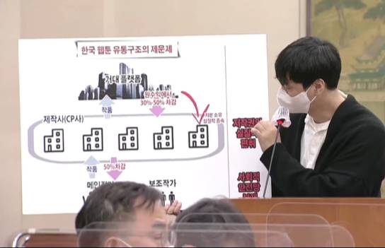 김동훈 웹툰작가노조가 1일 열린 문체부 국정감사에서 웹툰 유통구조의 문제에 대해 설명하고 있다. [사진=국회방송]