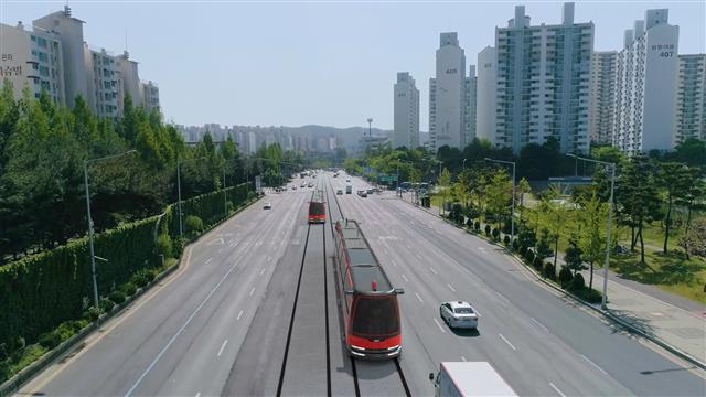 대전시내를 달리는 대전도시철도 2호선 트램 가상 이미지. 대전시 제공
