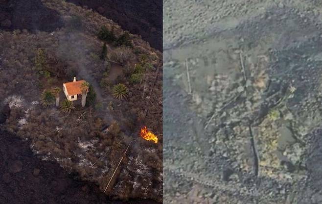 라팔마섬 화산 폭발 과정에서 살아남은 집(사진 왼쪽)과 현재 모습