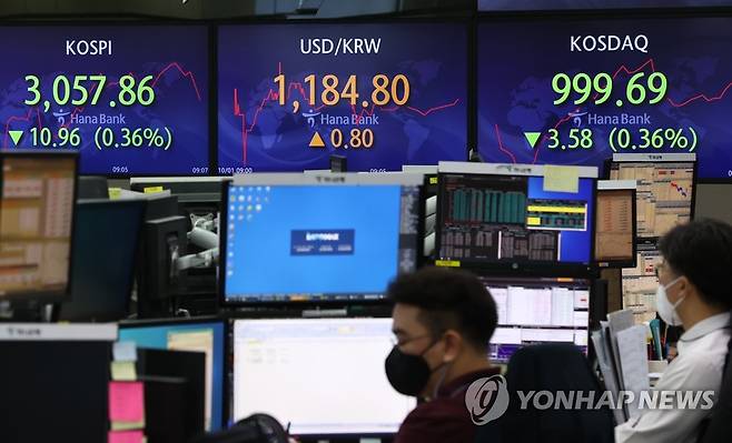 (서울=연합뉴스) 신준희 기자 = 1일 오전 명동 하나은행 본점 딜링룸 전광판에 실시간 코스피와 원/달러 환율, 코스닥 지수가 표시돼 있다. 2021.10.1 hama@yna.co.kr