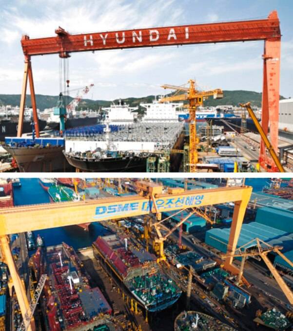 현대중공업 울산조선소(위)와 대우조선해양 거제 옥포조선소에 설치된 골리앗 크레인(아래). /조선DB