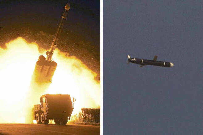 북한이 새로 개발한 순항미사일이 발사차량에서 발사돼 비행을 하고 있다. 노동신문·뉴스1