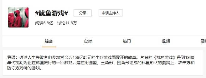 중국 최대 소셜미디어 웨이보에서 '오징어 게임' 해시태그는 23일 오전 10시 기준 11만8000회 언급됐고, 5억8000만 뷰를 기록했다. /웨이보