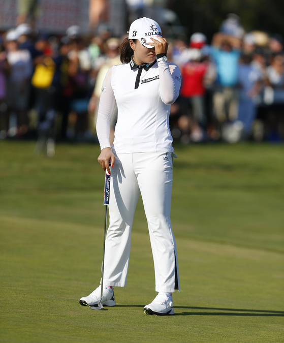 Ko Jin-young reacts after missing a putt on the 18th hole of the final round of the Shop Rite LPGA Classic golf tournament, on Sunday in Galloway, New Jersey. [AP/YONHAP]