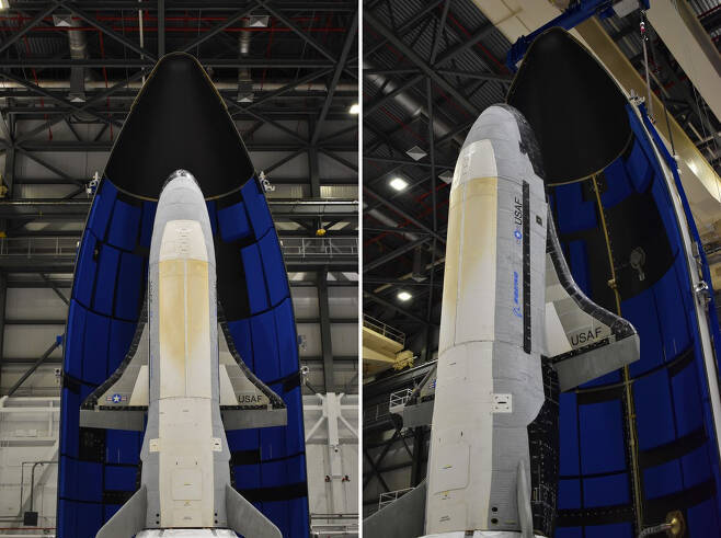 지난해 5월 아틀라스 V 로켓의 보호덮개인 페어링에 수납되는 X-37B(사진=보잉)