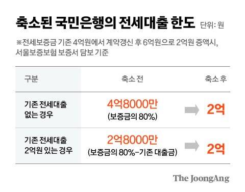 축소된 국민은행의 전세대출 한도. 그래픽=김영희 02@joongang.co.kr