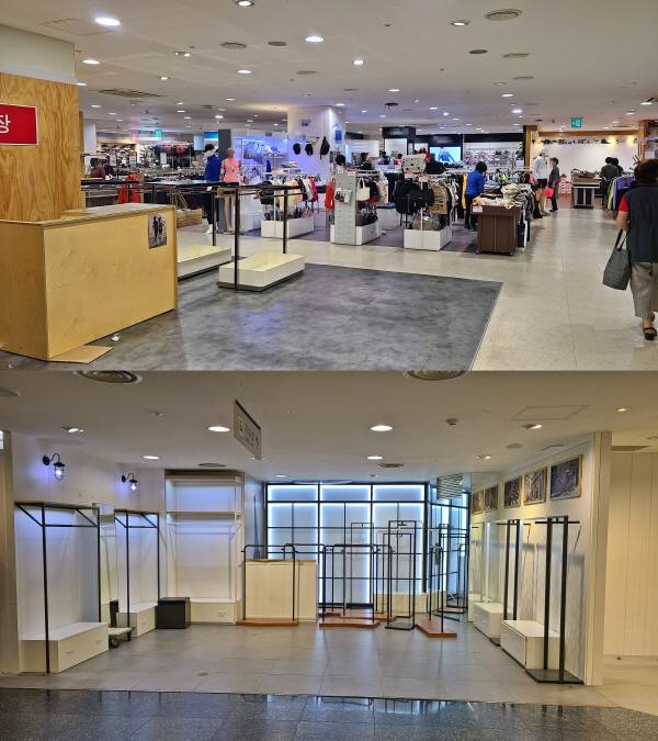 5일 오전 태평백화점 내부 모습. (위) 소비자들은 실제로 상품을 구매하기보다 구경만 하는 경우가 많았고, (아래) 일부 매장은 이미 비워진 상태였다. [이상현 기자]