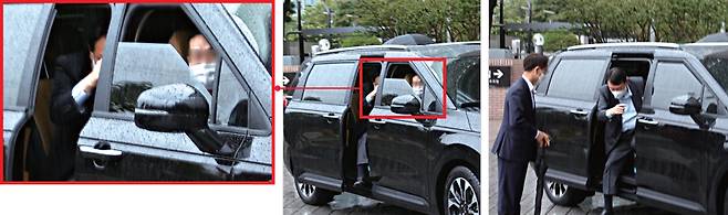 황○○씨가 9월29일 차량 보조석에서 윤석열 후보를 수행하고 있다. 카메라를 의식한 듯 서둘러 창문을 올리는 황씨ⓒ시사저널 이원석