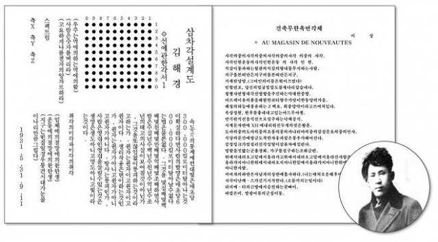 이상(본명 김해경)의 시 '삼차각 설계도_선에 관한 각서I' 의 한국어 번역본과 ‘건축무한육면각체-AU MAGASIN DE NOUVEAUTES’ 본문. GIST 제공