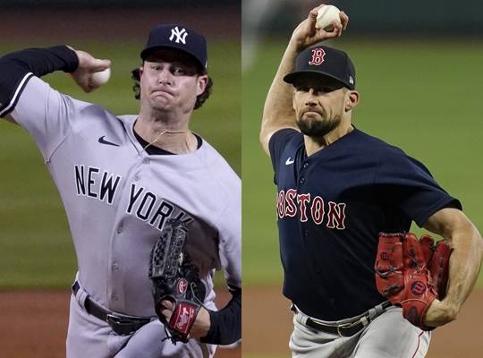 뉴욕 양키스의 게릿 콜(왼쪽)과 보스턴 레드삭스의 나단 에오발디. AP뉴시스
