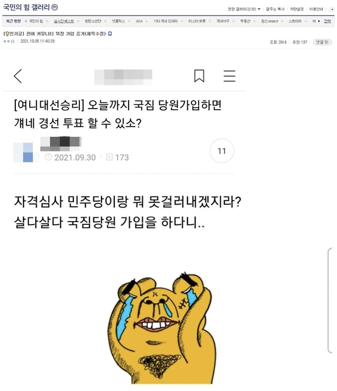 윤석열 전 검찰총장이 '위장 당원' 발언 증거가 있다고 말한 '국민의힘 갤러리' 게시글 중 일부 / 사진 = 온라인 커뮤니티