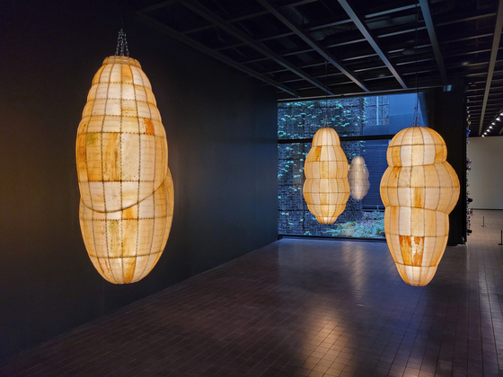 Cocoon-like works by Korean-American artist Anicka Yi are now on view as part of the ”Strange Planet” exhibition at a permanent collection gallery for contemporary art in Leeum Museum of Art. [MOON SO-YOUNG]