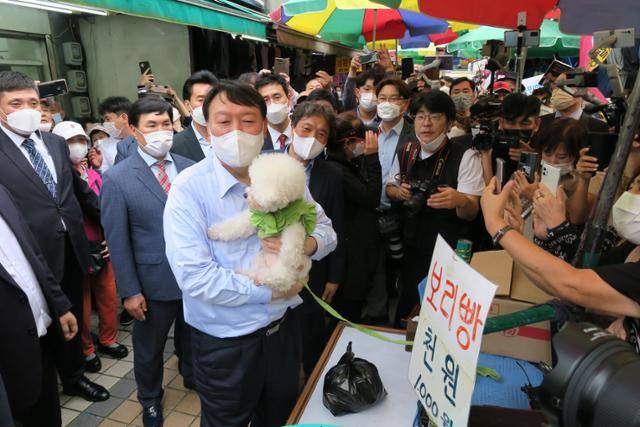 윤석열 국민의힘 대선 예비후보가 7일 인천 부평 '부평문화의 거리'를 찾아 상인의 반려견을 안고 있다. 뉴시스