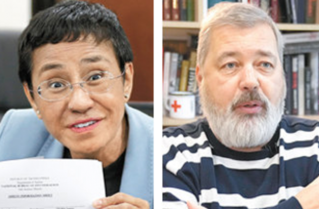 노벨 평화상을 공동 수상한 필리핀 언론인 마리아 레사(왼쪽)와 러시아 언론인 드미트리 무라토프와.