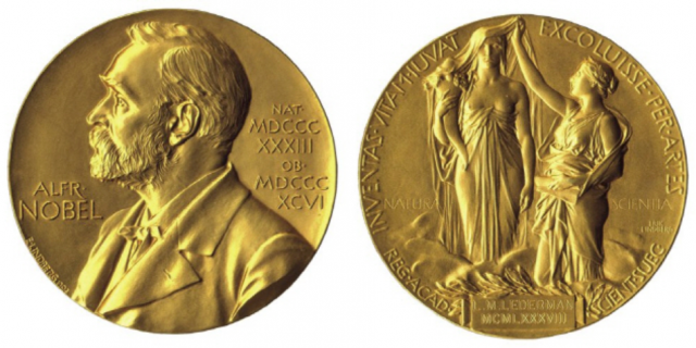 노벨상 메달 앞면과 뒷면.