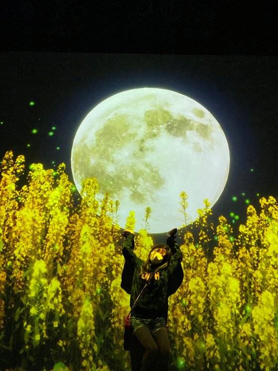 꽃이 피어나고, 꽃 위로 나비가 날아다니는 모습을 미디어아트로 구현해 놓은 ‘플라워’ 관. 전시에서 가장 처음 만나는 곳이다. 이곳에서부터 사진을 남기며 미디어아트의 세계에 바로 빠져들었다. [사진 심규원]