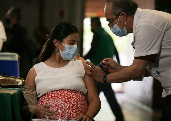 한 임신부가 멕시코 멕시코시티에서 지난 5월 코로나19 백신을 맞고 있다. [AP=연합뉴스]