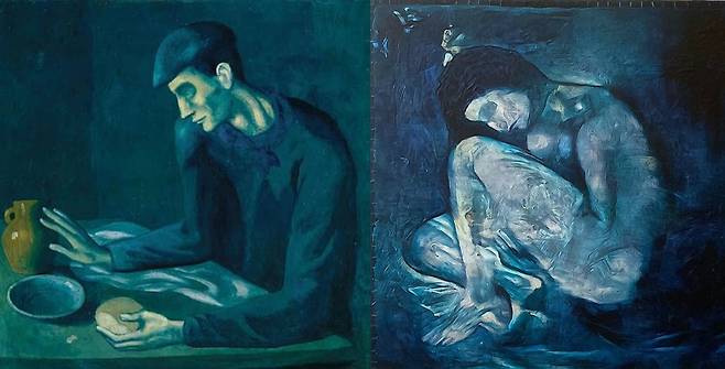 피카소의 1903년 작인 ‘맹인의 식사’(사진 왼쪽)와 이 그림에 숨겨진 ‘외로운 웅크린 누드’