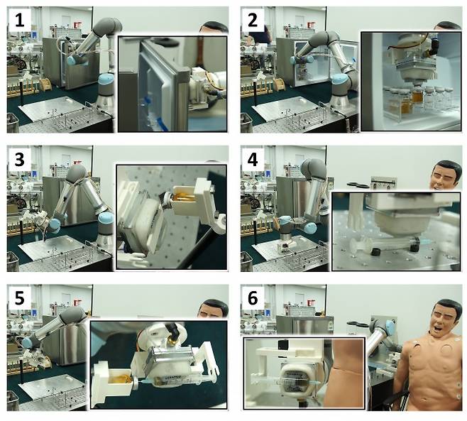 흡착형 그리퍼를 이용해 백신을 마네킹에 접종하는 모습이다. 냉장고에서 바이알을 꺼내고, 바이알 뚜껑을 연 다음 주사기에 주사액을 주입하고, 주사로 접종하는 것과 유사한 과정들을 하나의 그리퍼로 구현이 가능하다. 한국기계연구원 제공