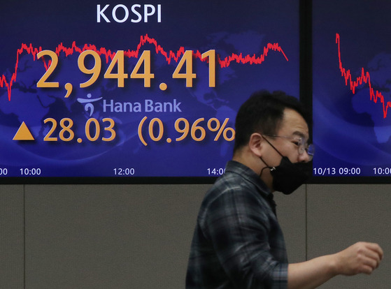 A screen in Hana Bank's trading room in central Seoul shows the Kospi closing at 2,944.41 points on Wednesday, up 28.03 points, or 0.96 percent from the previous trading day. [NEWS1]