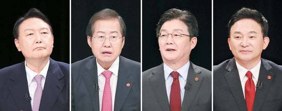 국민의힘은 13일 KBS 제주방송국에서 대선 경선 후보자 합동토론회를 개최했다. 왼쪽부터 윤석열·홍준표·유승민·원희룡 후보. [사진공동취재단]