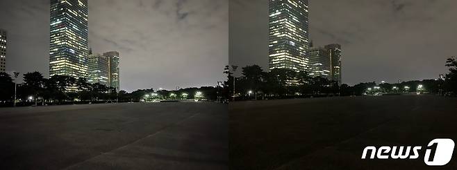 아이폰13과 아이폰XS 저조도 촬영 사진 비교. 왼쪽이 아이폰13으로 촬영한 사진이고 오른쪽이 아이폰XS로 촬영한 사진이다.© 뉴스1