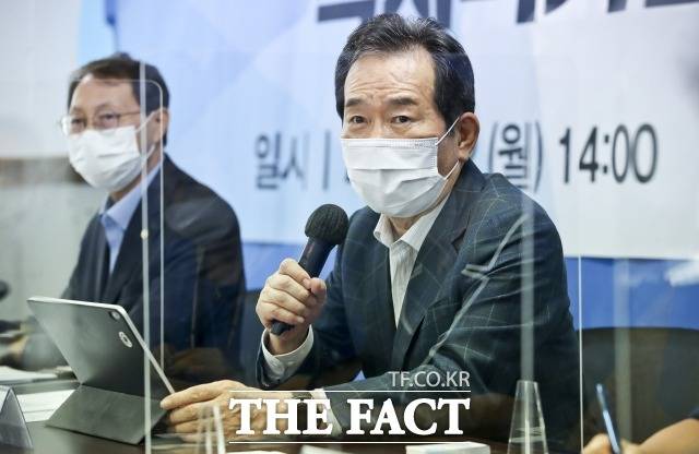 용산빌딩은 이명박 전 대통령, 정세균 전 국무총리가 대선 캠프 사무실로 활용했다. 지난 8월 2일 오후 서울 여의도 용산빌딩에서 열린 행사를 열고 인사말하는 정세균 전 국무총리. /이선화 기자