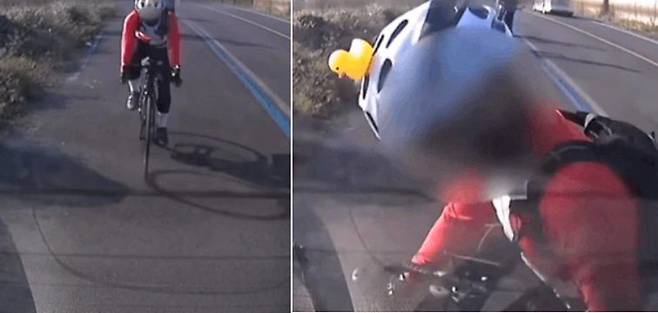 주차된 차량에 부딪힌 자전거 운전자./한문철TV