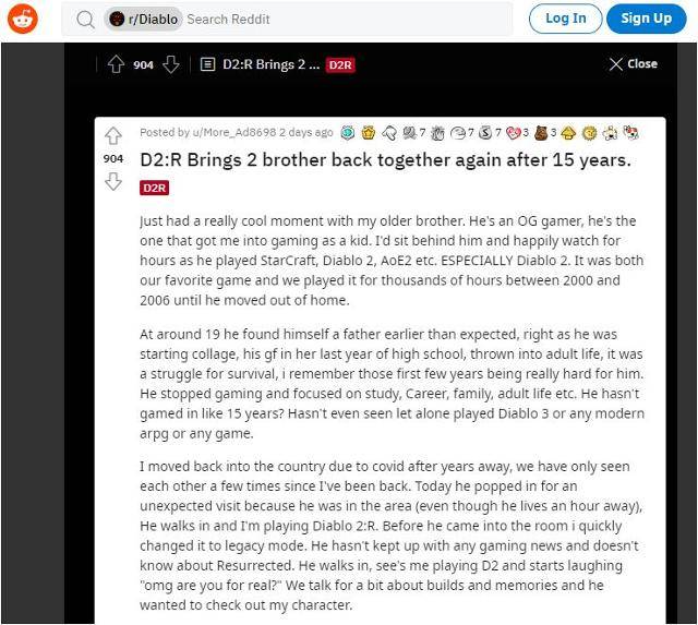 '디아블로 2'의 재출시 덕분에 15년 만에 형과 함께 게임을 즐겼다는 사연. 레딧 캡처
